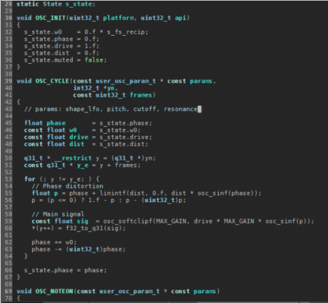 Código C para crear osciladores y efectos en Korg Prologue