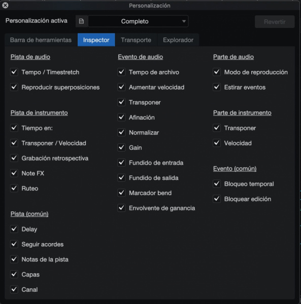 Editor de personalización en Studio One 6