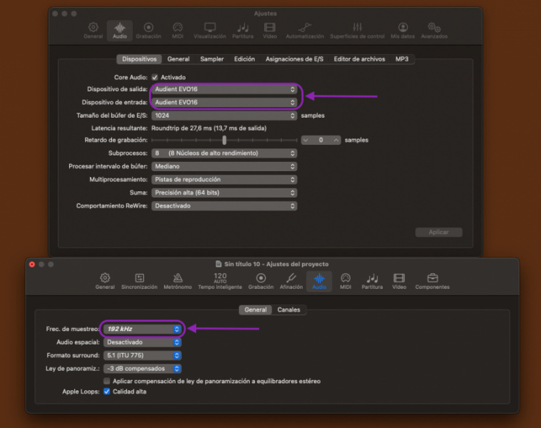 Logic y EVO 16 a 192 kHz