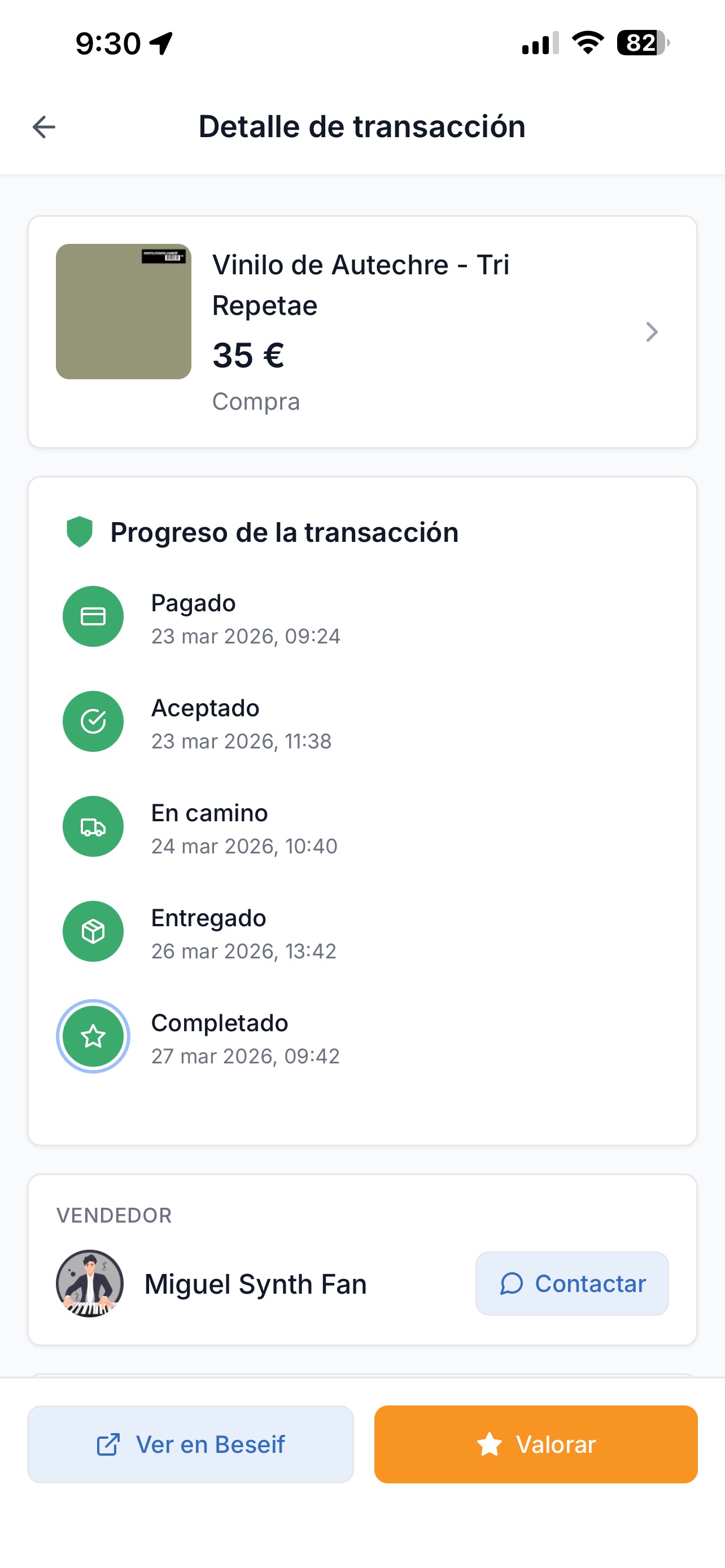 Timeline de transacciones protegidas en Mercasonic app