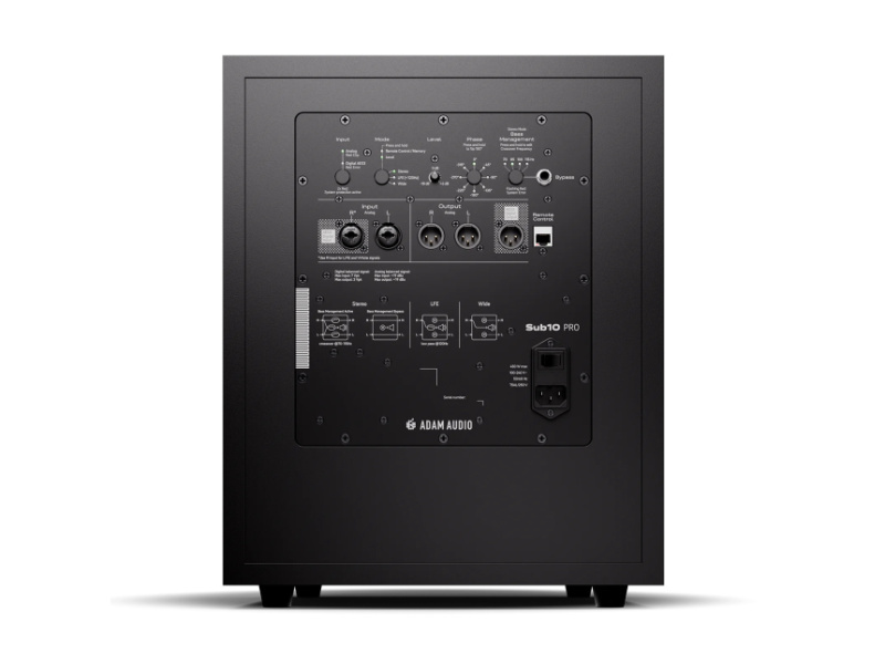 Panel trasero del ADAM Audio Sub10 PRO con sus conexiones y controles