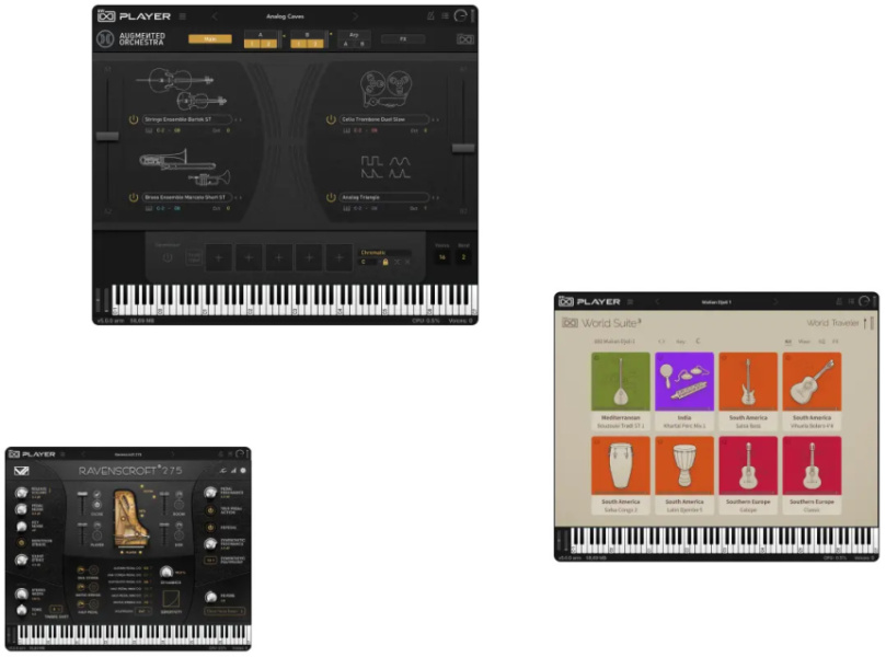 Composición oficial con tres interfaces de instrumentos cargados en UVI Player: Augmented Orchestra, Ravenscroft 275 y World Suite 3 sobre fondo blanco