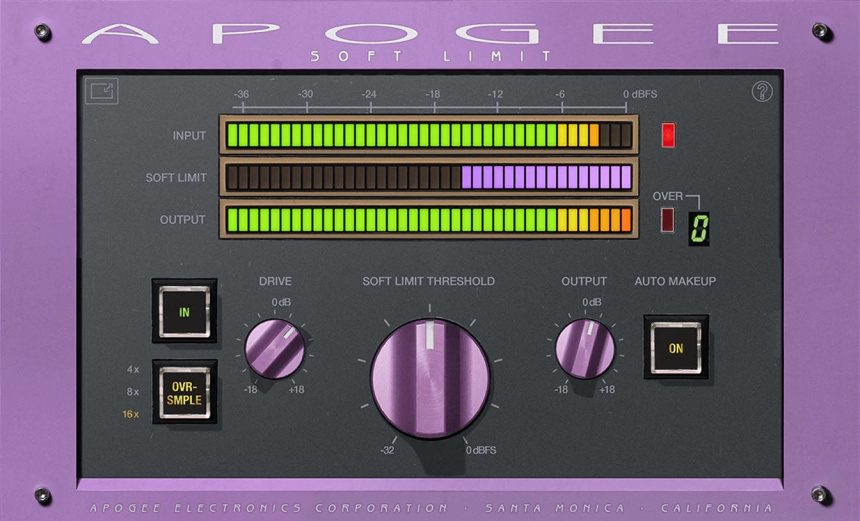 Interfaz del plugin Apogee Soft Limit en color morado con medidores de entrada y salida