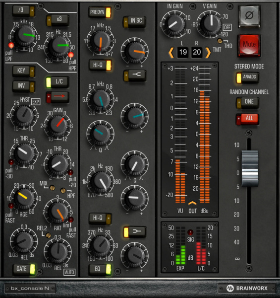 Interfaz del plugin bx_console N de Brainworx con secciones de filtros, puerta/expansor, compresor y EQ de cuatro bandas