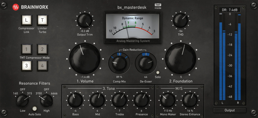 Interfaz del plugin bx_masterdesk de Brainworx con vúmetro de rango dinámico y controles Volume