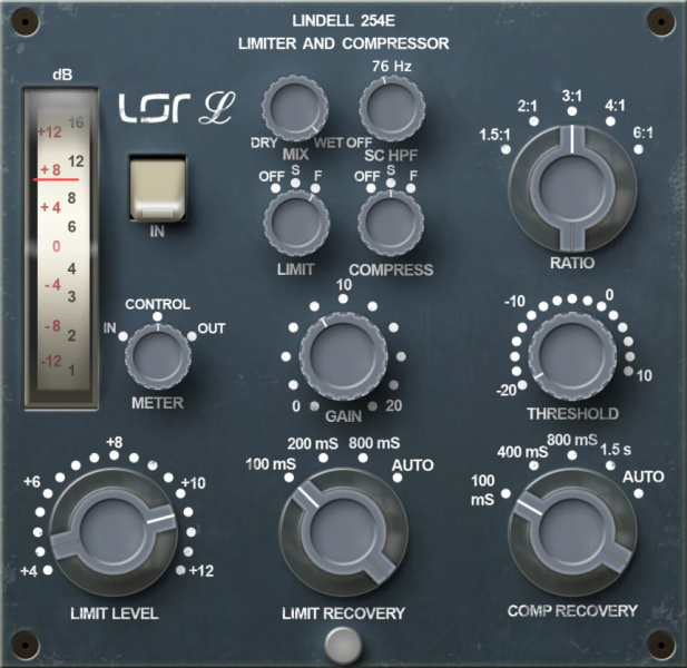 Interfaz del plugin Lindell Audio 254E con rótulo Limiter and Compressor y vúmetro de aguja
