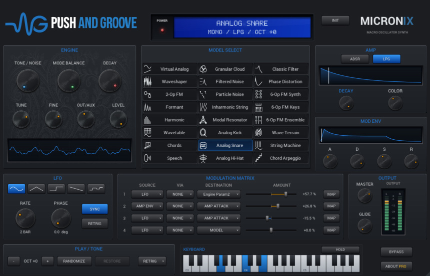 Captura de la interfaz del plugin Micronix con el modelo Analog Snare seleccionado y sus parámetros visibles