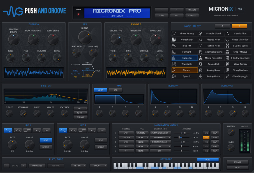 Captura de la interfaz del plugin Push and Groove Micronix Pro con motores Engine A y B