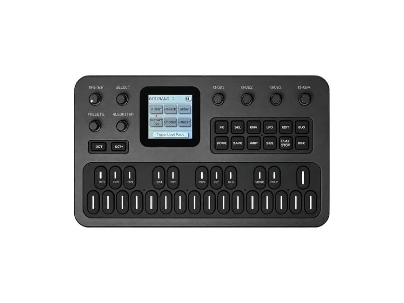 Vista superior y frontal del sintetizador M-VAVE FM-1 de color gris oscuro con pantalla a color, mandos y teclado de silicona sobre fondo blanco
