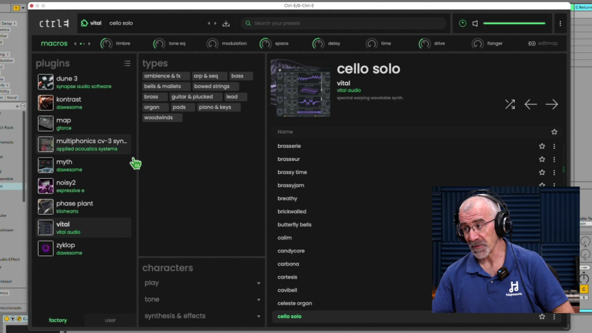 Ctrl-e con el preset cello solo de Vital seleccionado desde el Osmose CE