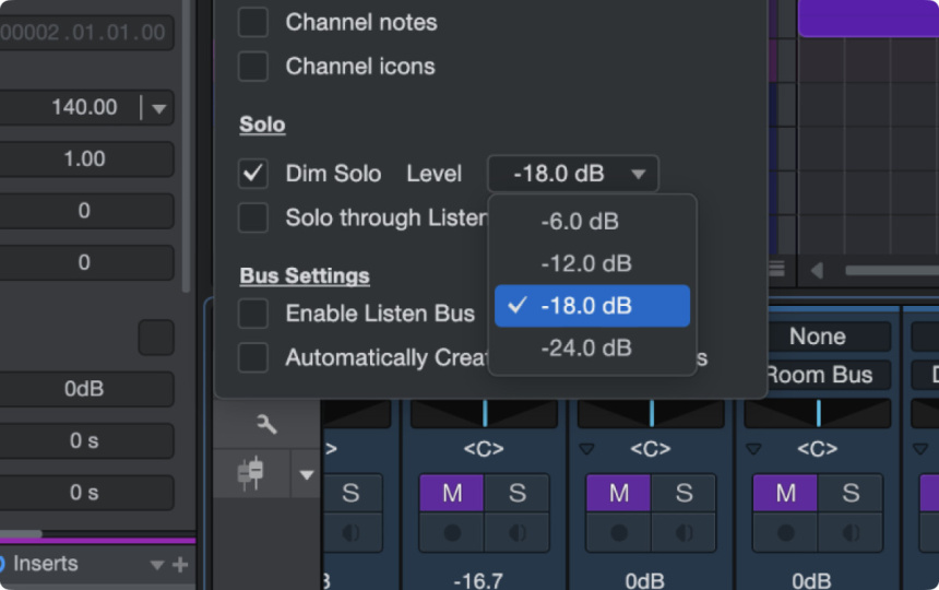Opciones del mezclador de Studio Pro 8.2 con casilla Dim Solo activada y menú de nivel abierto mostrando −6, −12, −18 y −24 dB con −18 dB elegido