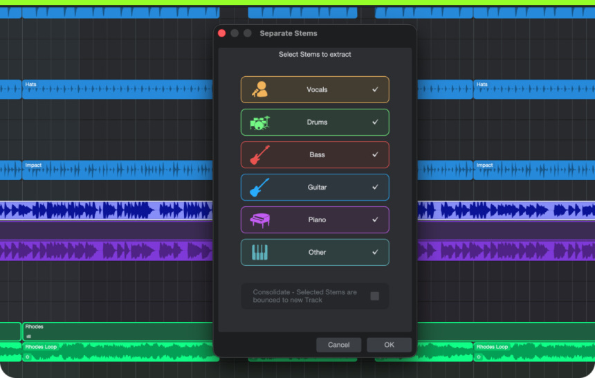 Ventana Separate Stems de Studio Pro 8.2 con seis opciones marcadas: Vocals, Drums, Bass, Guitar, Piano y Other sobre pistas de audio