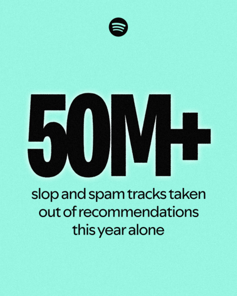 Gráfico oficial de Spotify con fondo verde claro que muestra el texto en inglés sobre más de 50 millones de pistas eliminadas de las recomendaciones