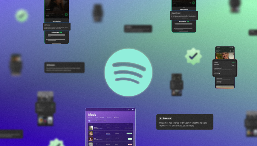 Logotipo de Spotify centrado sobre un fondo degradado morado y verde rodeado de capturas difuminadas de la interfaz de la aplicación