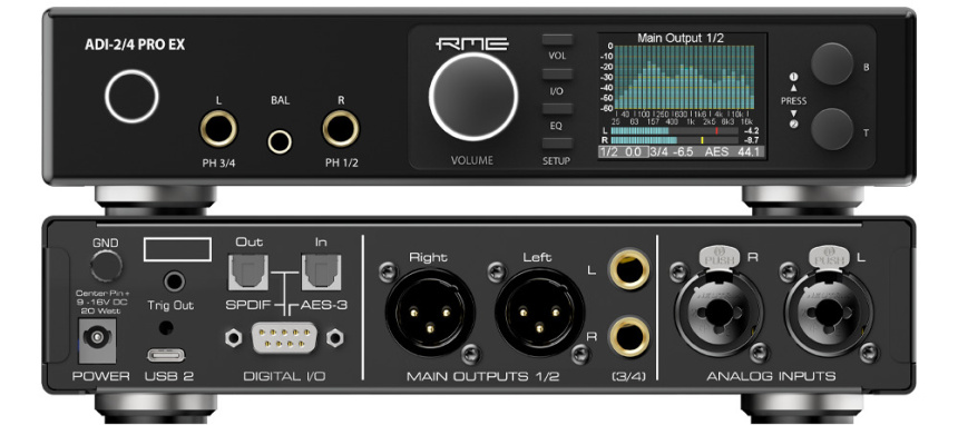 Render del panel frontal y trasero del ADI-2/4 Pro EX mostrando conectores y controles