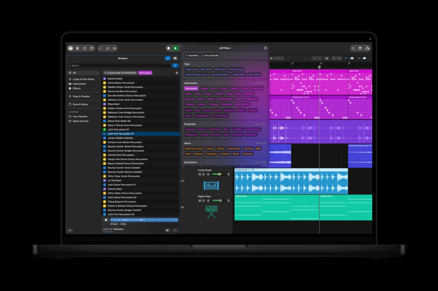Explorador rediseñado de Logic Pro 13 en MacBook Pro con filtros y Splice Sounds