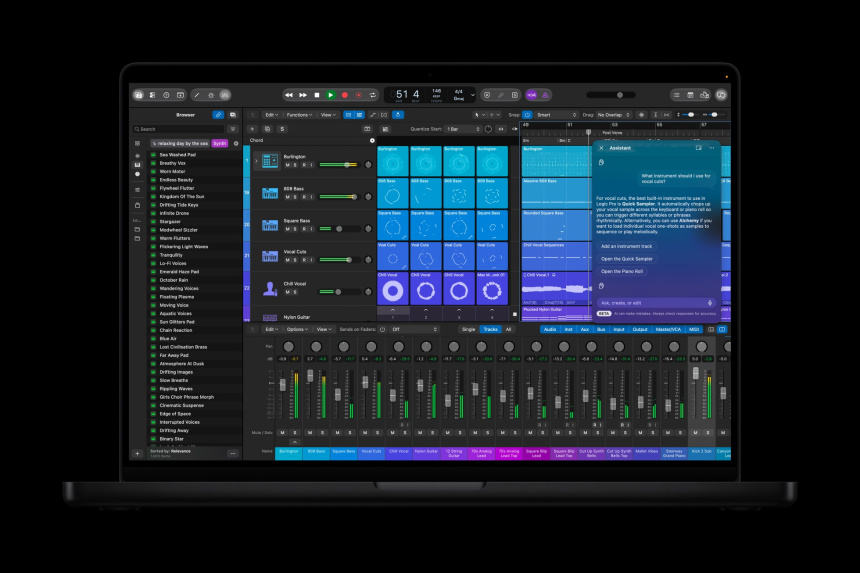 MacBook Pro con Logic Pro 13 abierto mostrando explorador, pistas y panel del asistente