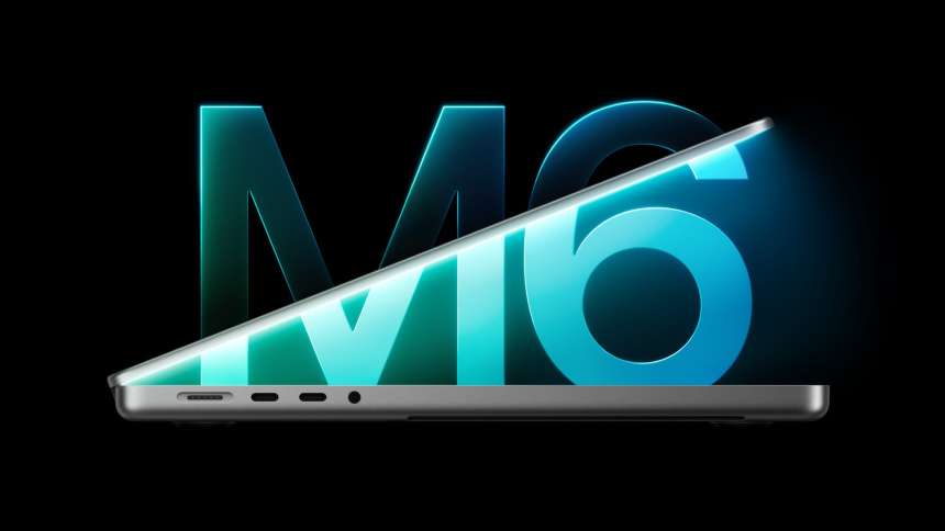MacBook Pro de 14 pulgadas entreabierto, de perfil, con el rótulo M6 al fondo