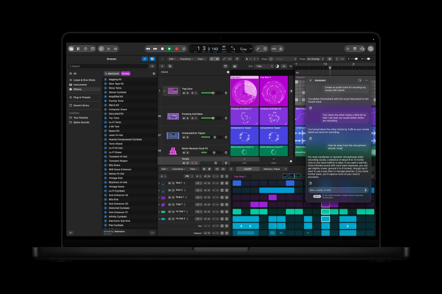 Panel del asistente de Logic Pro 13 en MacBook Pro mostrando conversaciones y respuestas