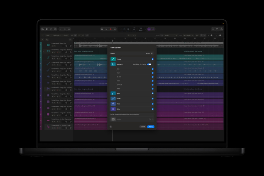 Ventana del Divisor de Stems en Logic Pro 13 mostrando instrumentos divididos