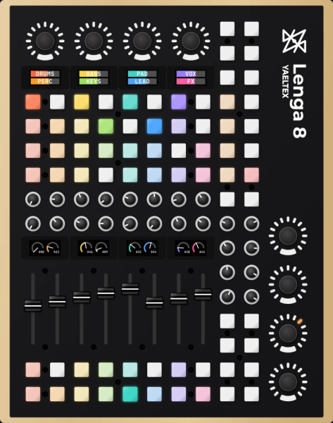 Controlador Yaeltex Lenga 8 con ocho pantallas a color, botones RGB, encoders, potenciómetros y faders