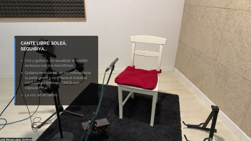 Sala de grabación con una silla, atriles y micrófonos, con un rótulo sobre la microfonía del cante libre: guitarra en estéreo con un AKG C414 y un Schoeps CMC6 con cápsula MK4, y la voz en el centro