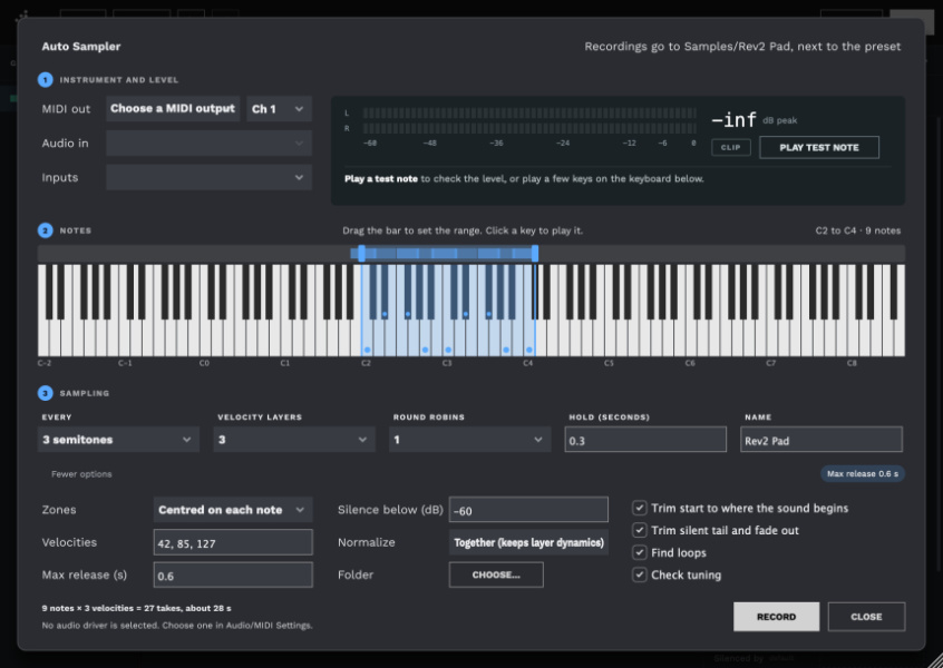 Ventana de configuración del Auto Sampler de Decent Sampler: salida MIDI, entrada de audio, teclado con el rango de notas de C2 a C4 y ajustes de intervalo, capas de velocidad, round robins y duración