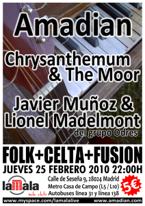 Póster del concierto Amadian + Javier & Lionel (del grupo Odres) + Chrysanthemum & The Moor