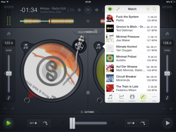 Djay 2.5 con conexión a Spotify y empleando Match