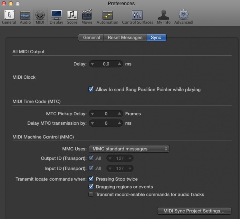 MIDI Sync Project Settings Logic