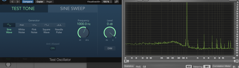 Utilizamos una señal de 1KHz a escala completa para la salida 1 y la entrada 1.