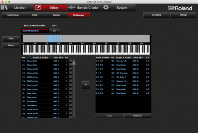 Multisample en Tone Manager para Juno DS-61 y DS-88
