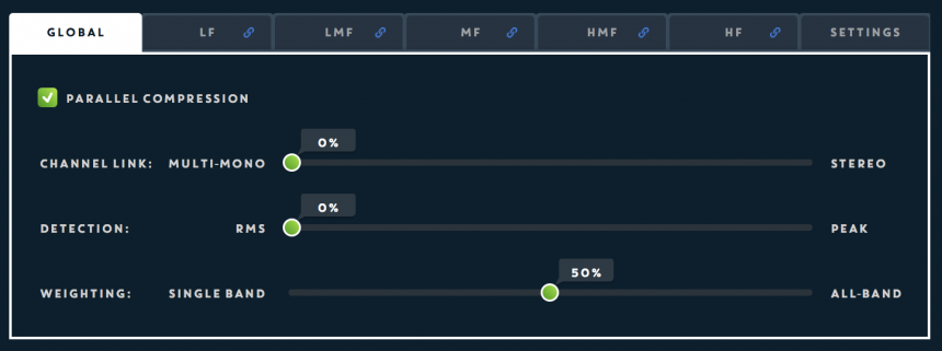 Pestaña de ajustes globales en Leapwing Audio DynOne v2