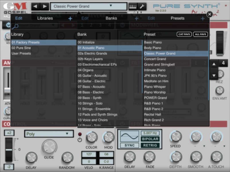 Pure Synth Platinum, selección de sonidos