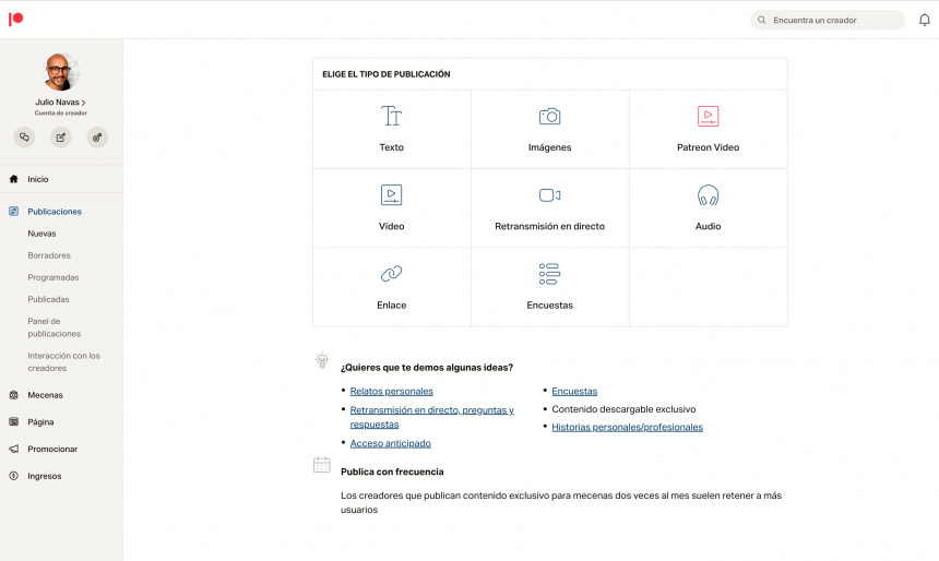 Tipos de publicaciones en Patreon