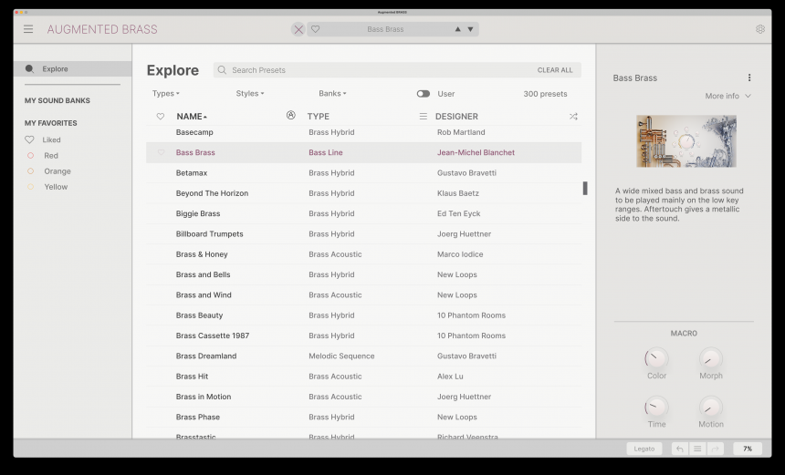 Arturia Augmented Brass, presets (vista parcial)