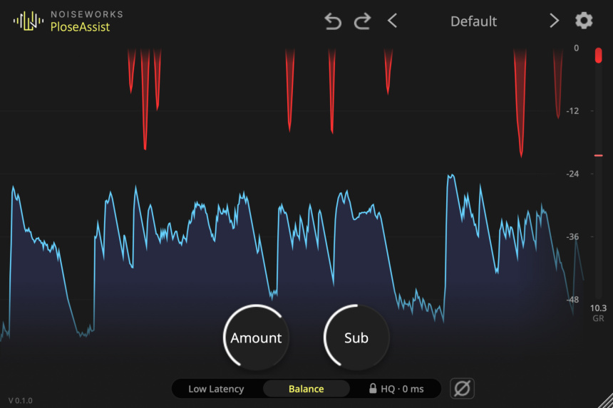 Interfaz de PloseAssist con fondo oscuro, onda azul y caídas rojas