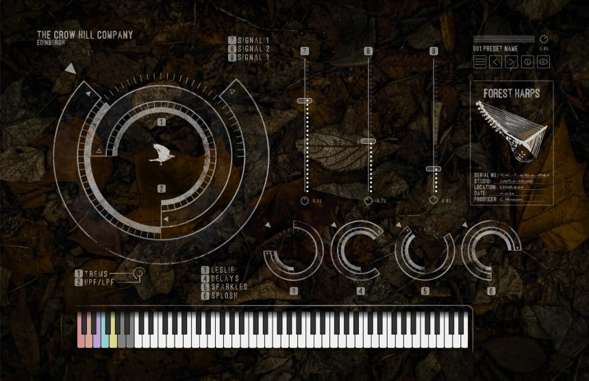 Interfaz del plugin Forest Harps con fondo de hojas secas, controles circulares y verticales, y un teclado de piano